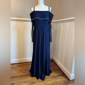 R & M Collection Formal Dress Navy Cold Shoulder Sheer Sleeve A-line Gown